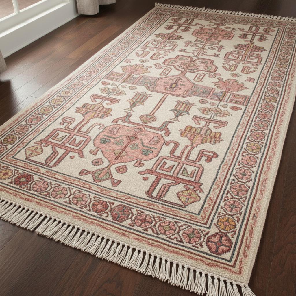 Handmade Knotted Wool Runner Rug, Blush Pink Geometric Oushak Carpet