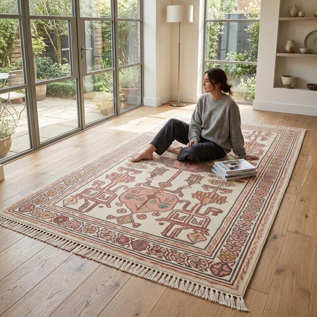 Handmade Knotted Wool Runner Rug, Blush Pink Geometric Oushak Carpet