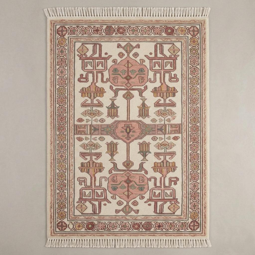 Handmade Knotted Wool Runner Rug, Blush Pink Geometric Oushak Carpet