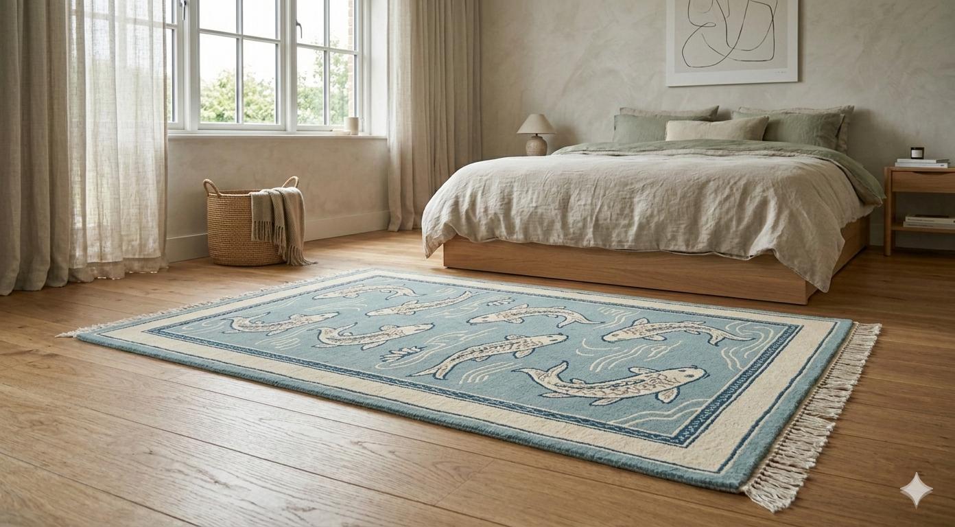 Handmade Koi Fish Runner Rug, Coastal Blue Nautical Carpet, Beach House Decor
