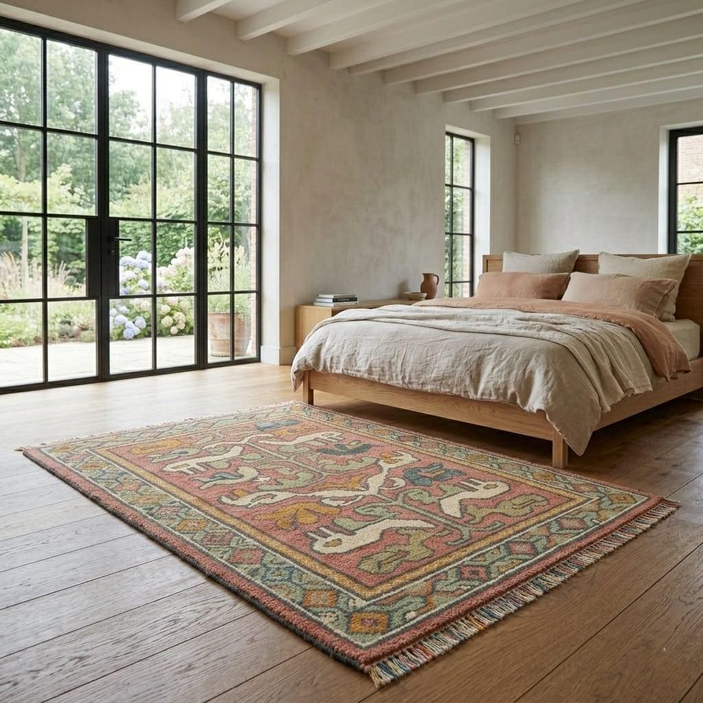 Handmade Wool Tribal Animal Rug, Vintage Turkish Boho Carpet, Rustic Geometric Living Room Decor