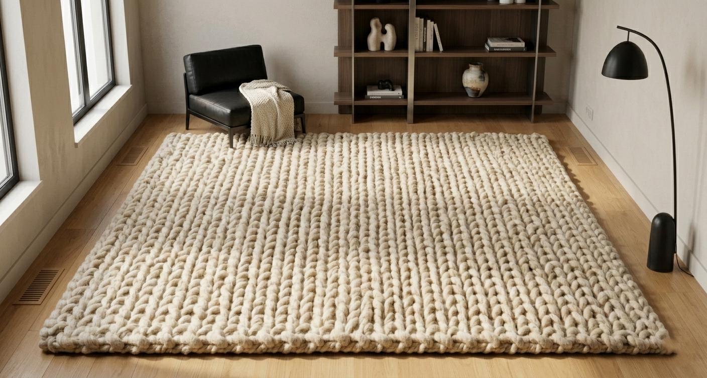 Chunky Knit Wool Rug, Cream Scandinavian Minimalist Carpet, Cozy Nursery Living Room