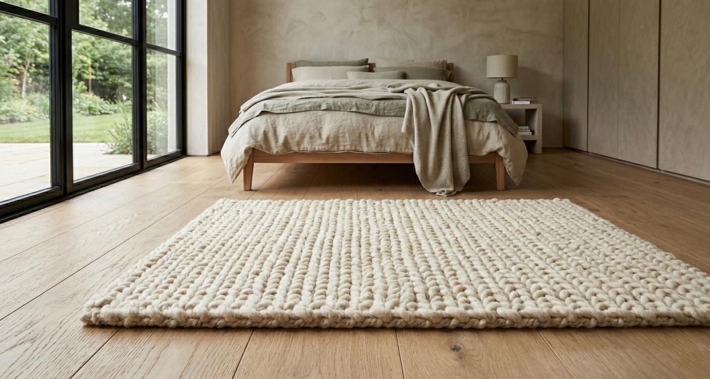 Chunky Knit Wool Rug, Cream Scandinavian Minimalist Carpet, Cozy Nursery Living Room