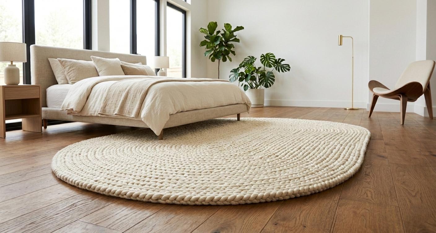 Handwoven Oval Wool Rug – Chunky Braided Cream Scandinavian Carpet