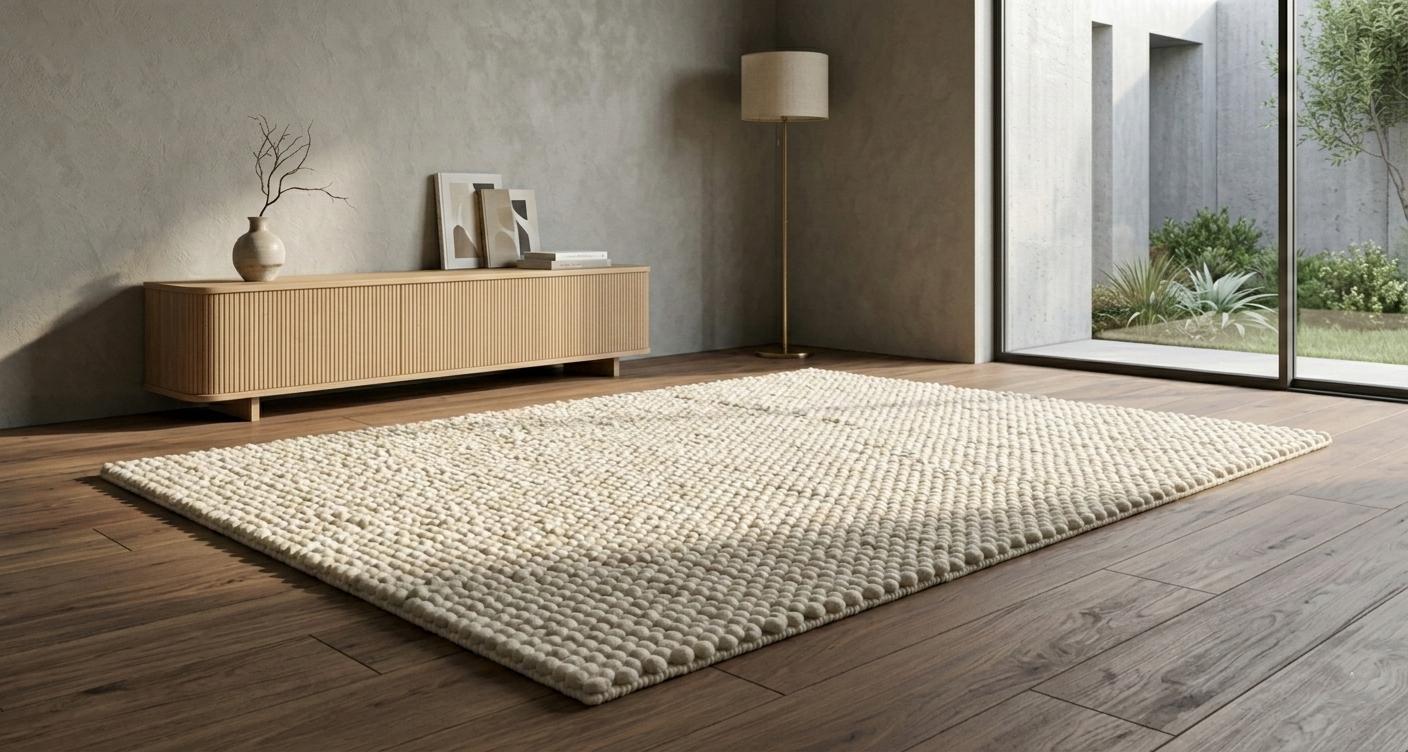 Chunky Wool Pebble Rug, Handwoven Cream Textured Carpet, Scandinavian Minimalist Home