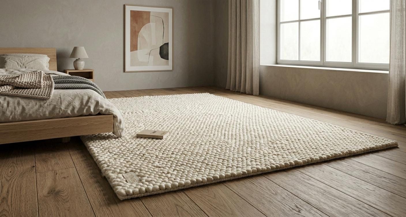 Chunky Wool Pebble Rug, Handwoven Cream Textured Carpet, Scandinavian Minimalist Home
