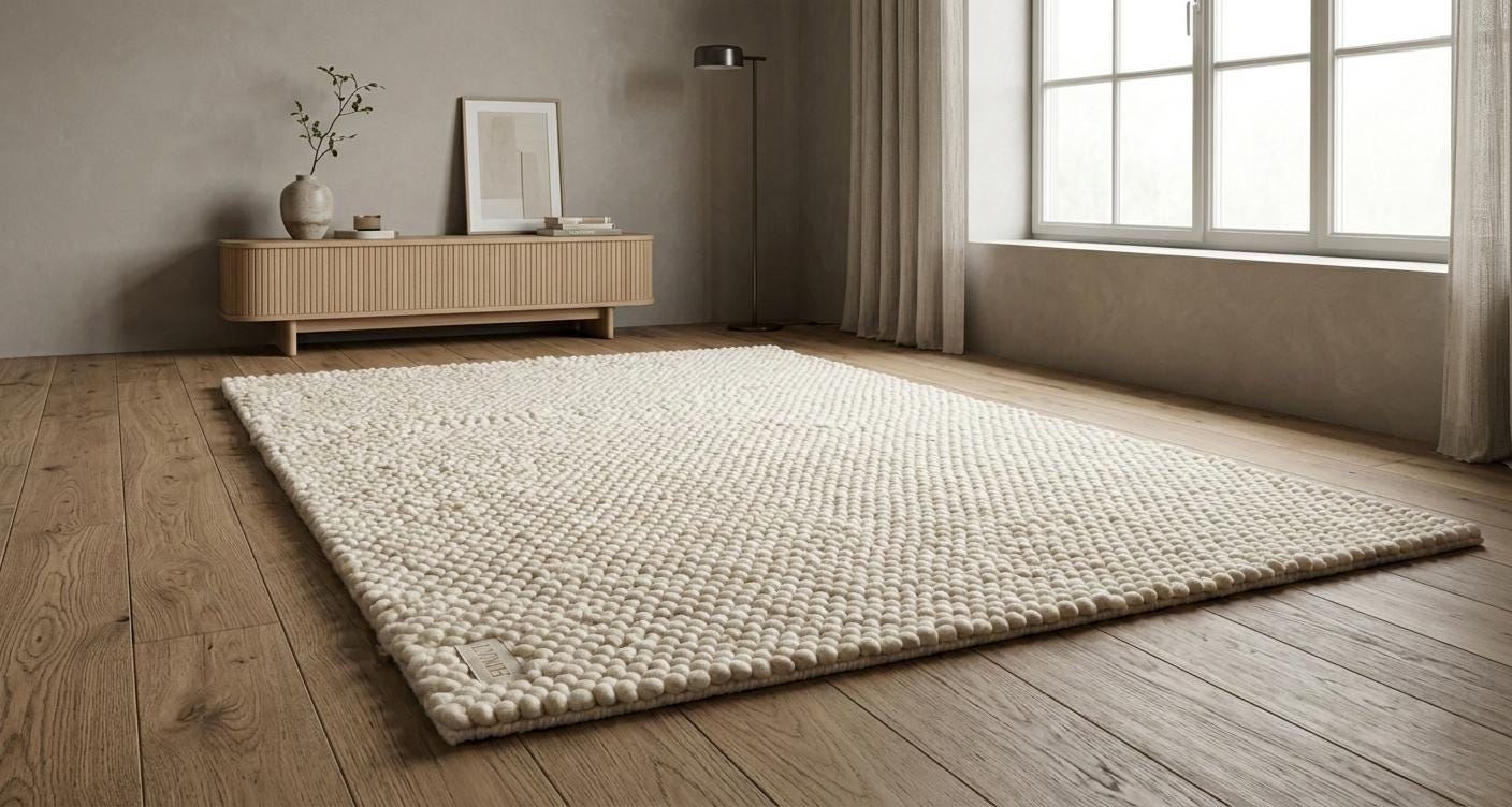 Chunky Wool Pebble Rug, Handwoven Cream Textured Carpet, Scandinavian Minimalist Home