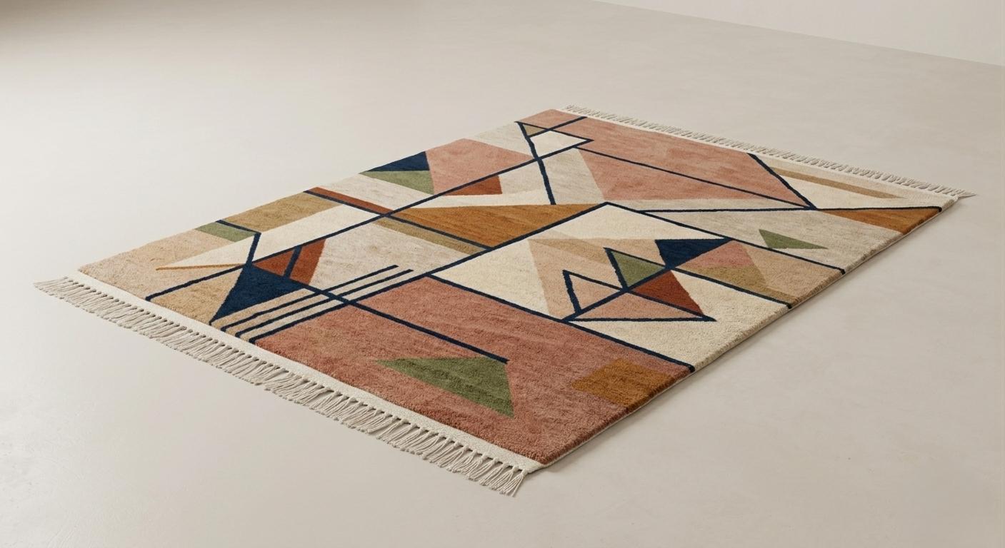 Handmade Wool Geometric Rug, Mid Century Modern Abstract Carpet, Boho Living Room Area Rug