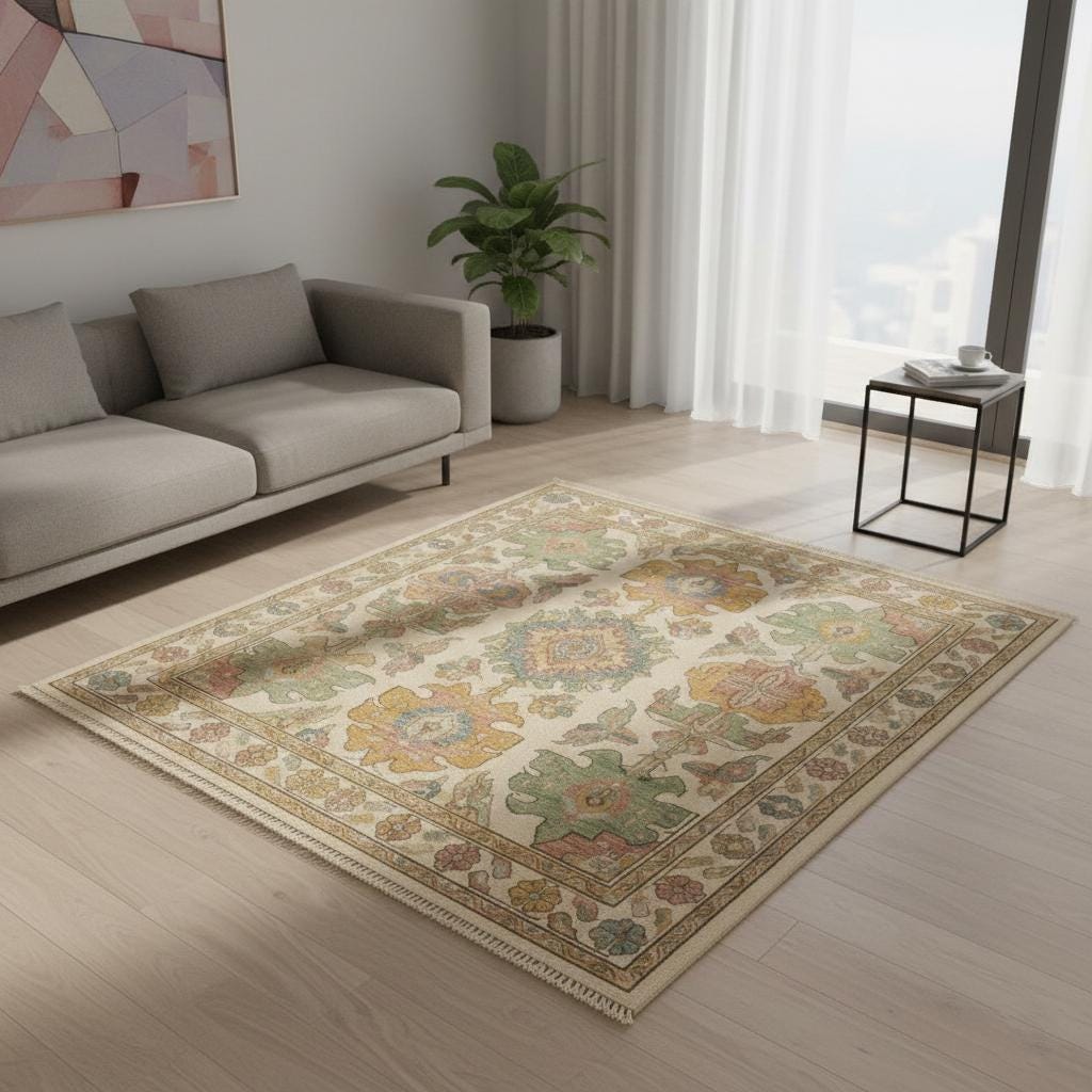 Pastel Medallion Area Rug, Vintage Floral Boho Oriental Carpet, Neutral Living Room