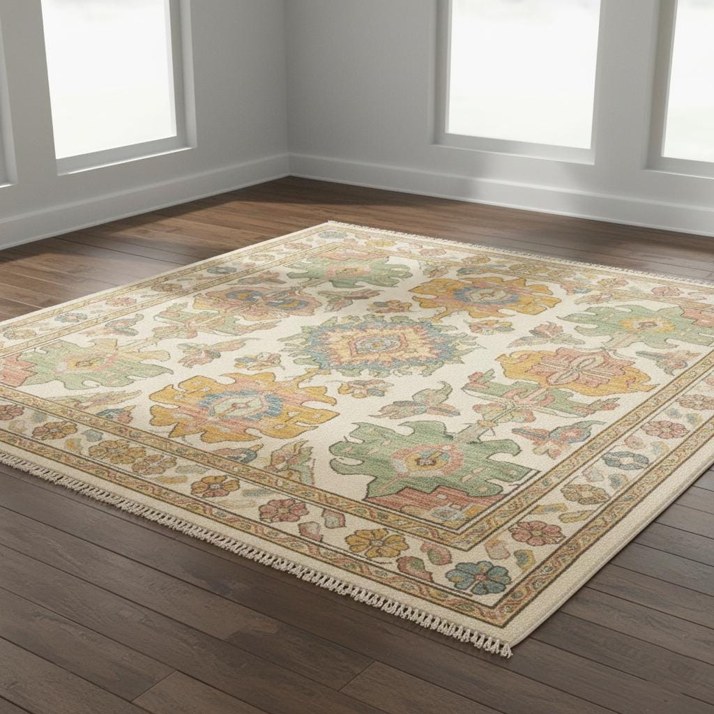 Pastel Medallion Area Rug, Vintage Floral Boho Oriental Carpet, Neutral Living Room