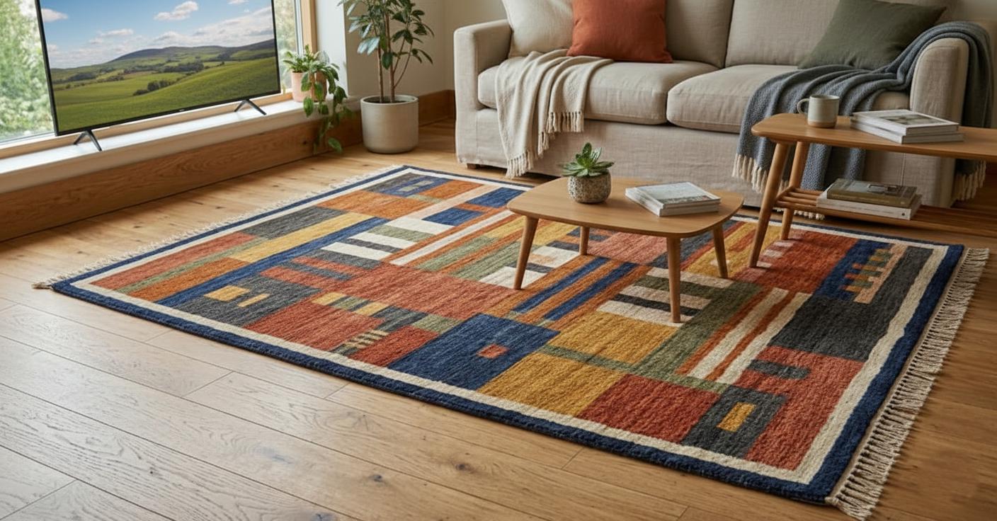 Handmade Abstract Geometric Wool Rug, Mid Century Bauhaus Style Carpet 9x12 ft