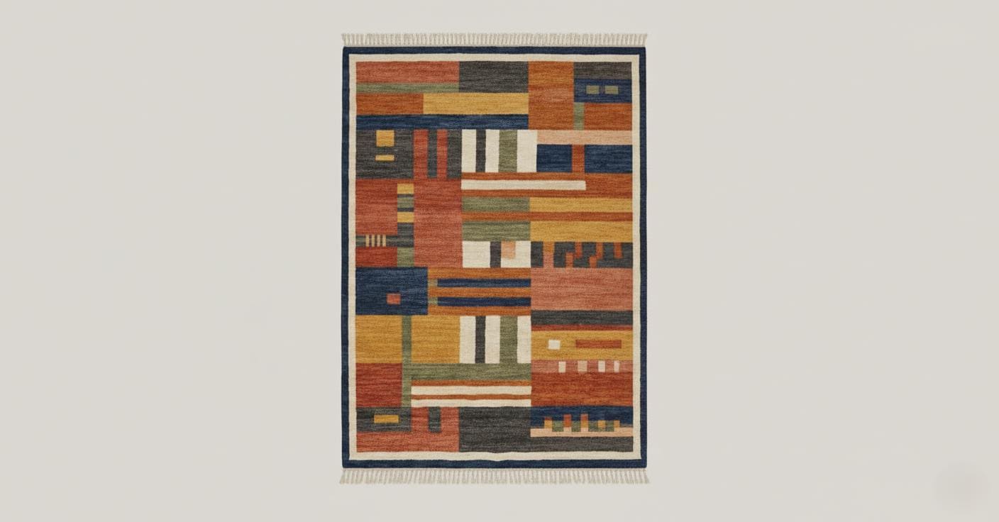 Handmade Abstract Geometric Wool Rug, Mid Century Bauhaus Style Carpet 9x12 ft