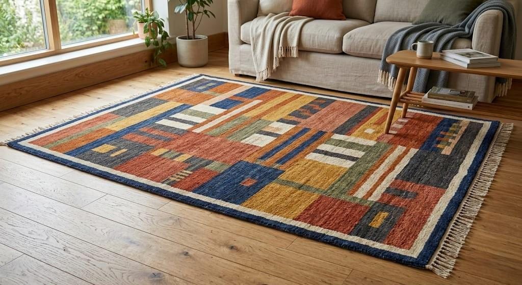 Handmade Abstract Geometric Wool Rug, Mid Century Bauhaus Style Carpet 9x12 ft