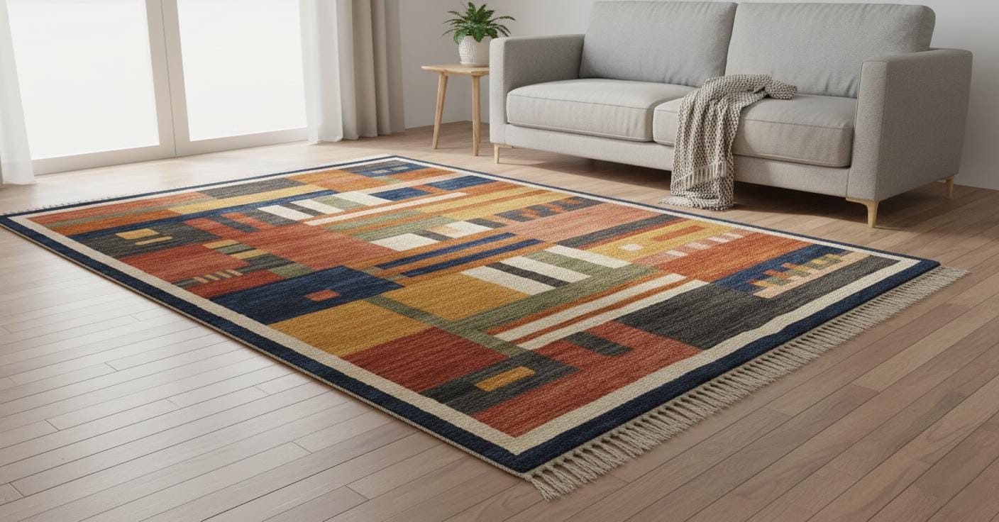 Handmade Abstract Geometric Wool Rug, Mid Century Bauhaus Style Carpet 9x12 ft