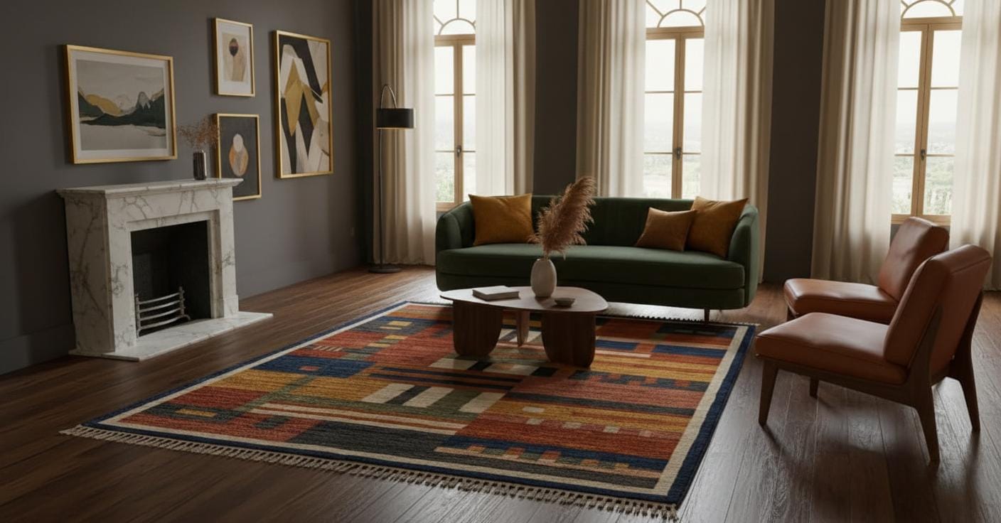 Handmade Abstract Geometric Wool Rug, Mid Century Bauhaus Style Carpet 9x12 ft