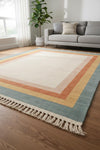 Handmade Pastel Border Area Rug, Modern Oushak Carpet with Fringe