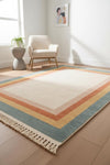 Handmade Pastel Border Area Rug, Modern Oushak Carpet with Fringe