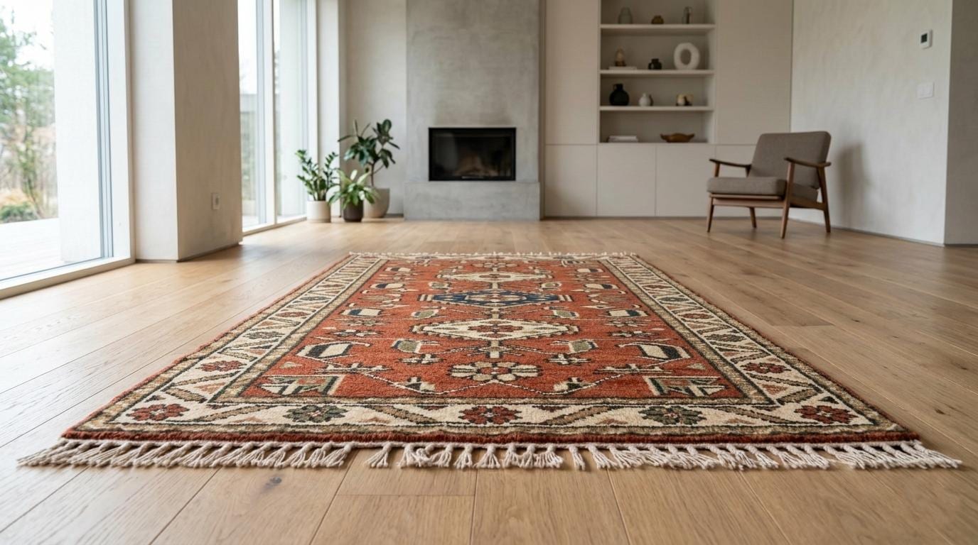Hand-Knotted Wool Oushak Rug, Rust Red Geometric Tribal Design