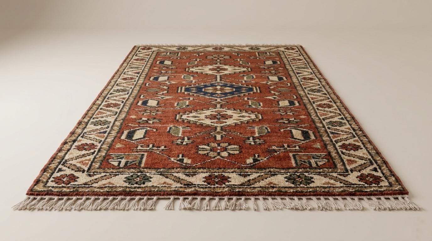 Hand-Knotted Wool Oushak Rug, Rust Red Geometric Tribal Design