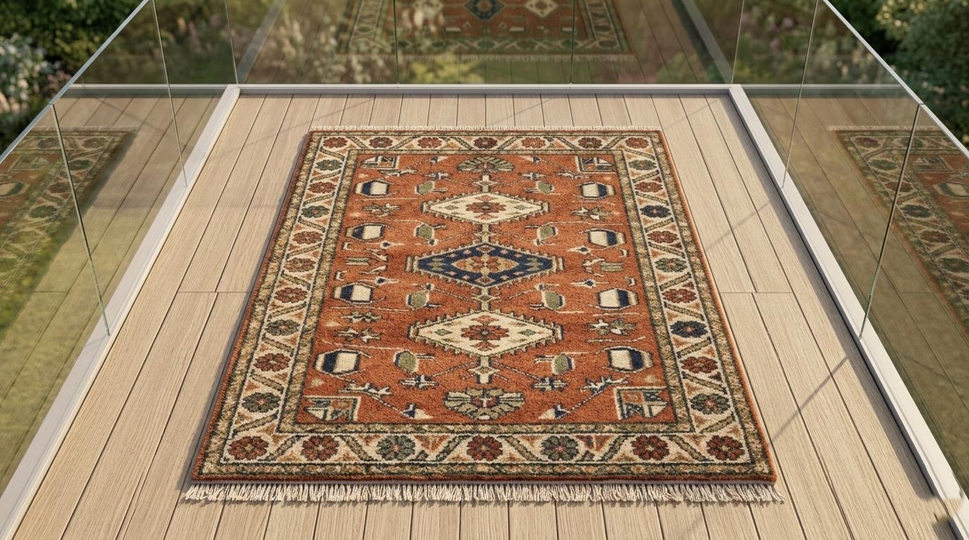 Hand-Knotted Wool Oushak Rug, Rust Red Geometric Tribal Design