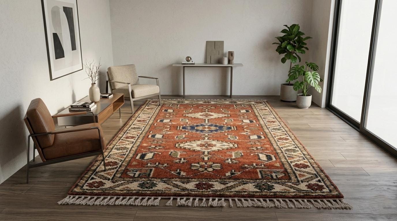 Hand-Knotted Wool Oushak Rug, Rust Red Geometric Tribal Design