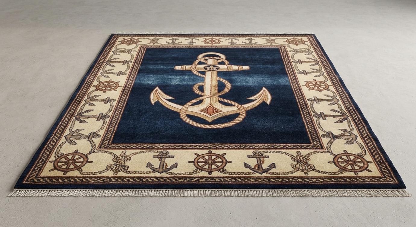 Nautical Anchor Rug, Navy Blue Coastal Area Carpet, Hand-Knotted Wool Beach House Decor