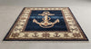 Nautical Anchor Rug, Navy Blue Coastal Area Carpet, Hand-Knotted Wool Beach House Decor