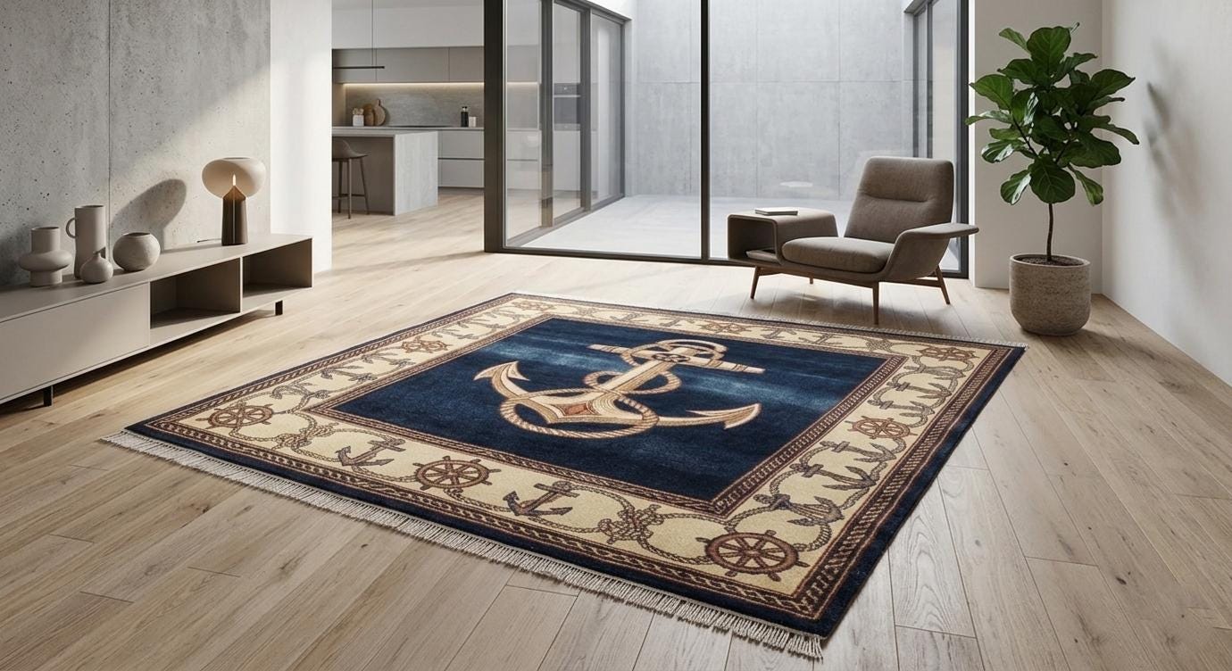 Nautical Anchor Rug, Navy Blue Coastal Area Carpet, Hand-Knotted Wool Beach House Decor