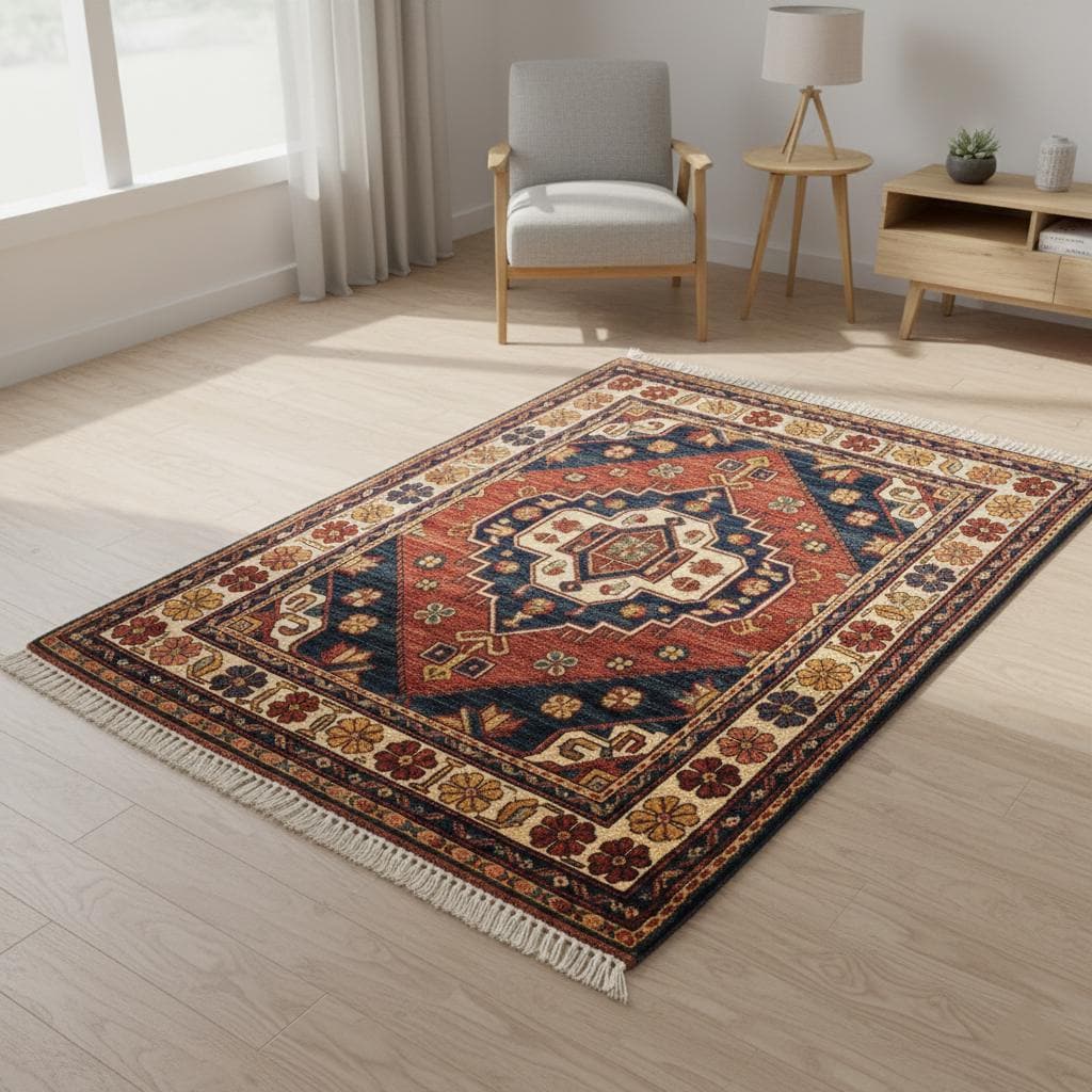 Vintage Tribal Medallion Rug, Red Navy Geometric Oriental Carpet, Boho Statement Fringe Rug