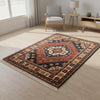 Vintage Tribal Medallion Rug, Red Navy Geometric Oriental Carpet, Boho Statement Fringe Rug