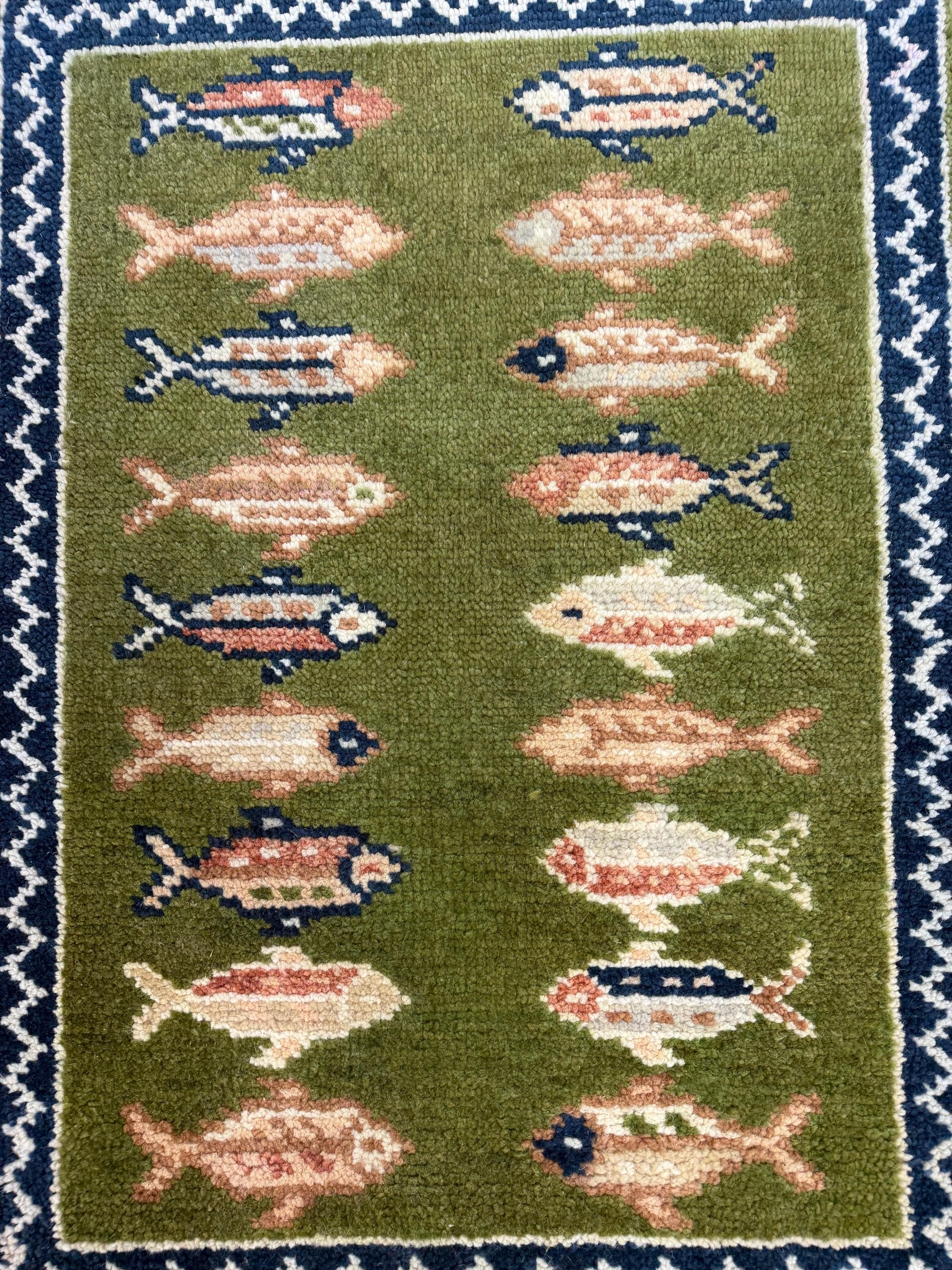 Hand-Knotted Wool Runner Rug, Fish Abstract Design, Plush Living Room Carpet