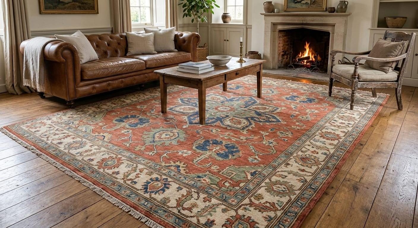 Hand-Knotted Wool Oushak Rug - Terracotta  Red , Traditional Style