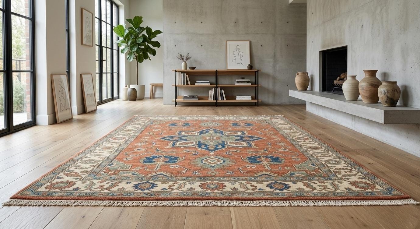 Hand-Knotted Wool Oushak Rug - Terracotta  Red , Traditional Style