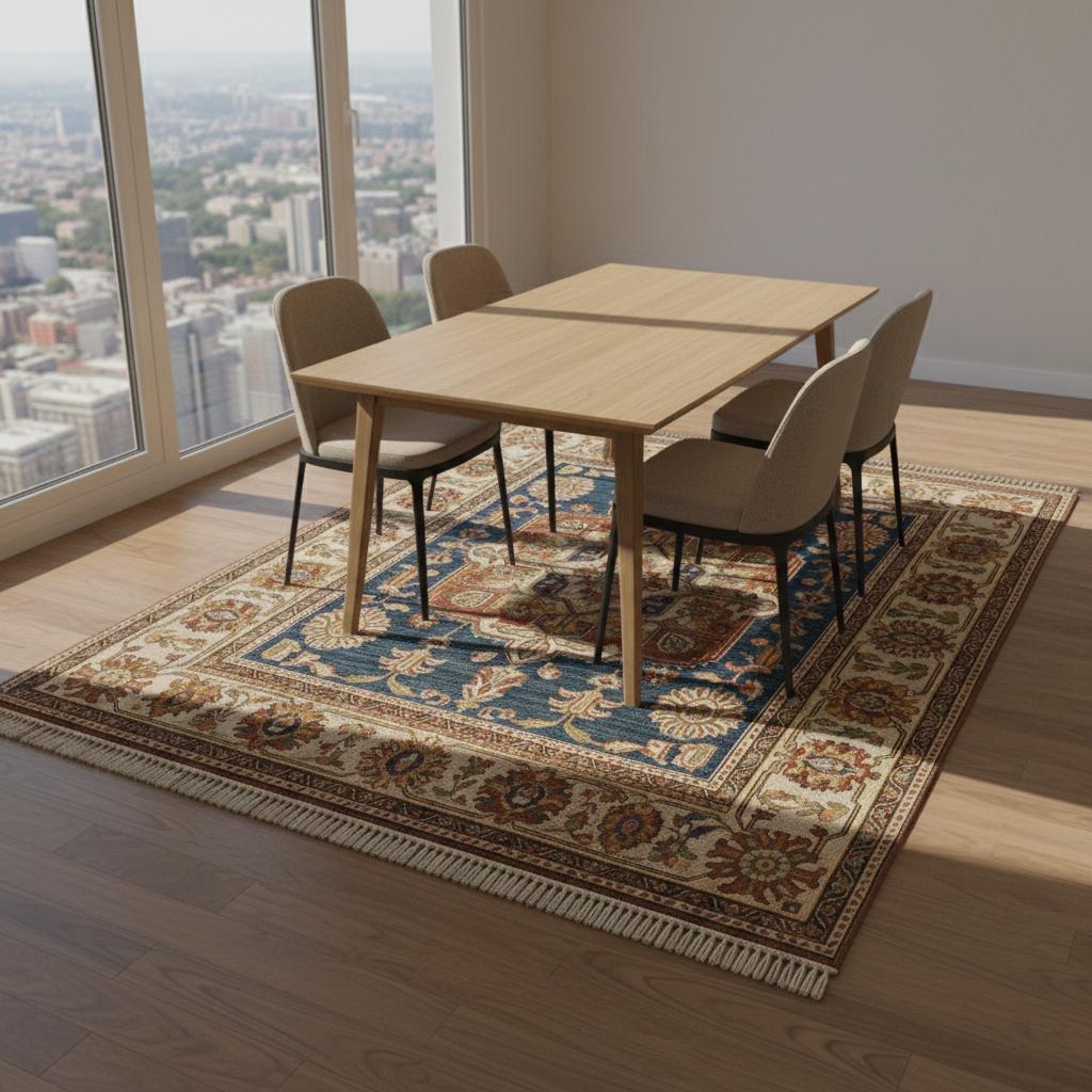 Navy Blue Traditional Medallion Wool Rug, Floral Oriental Carpet, Ivory Border