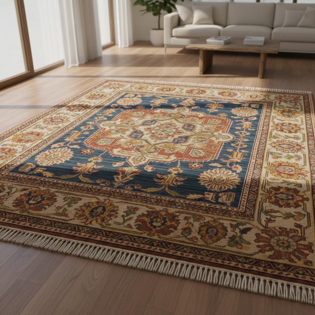 Navy Blue Traditional Medallion Wool Rug, Floral Oriental Carpet, Ivory Border