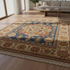 Navy Blue Traditional Medallion Wool Rug, Floral Oriental Carpet, Ivory Border