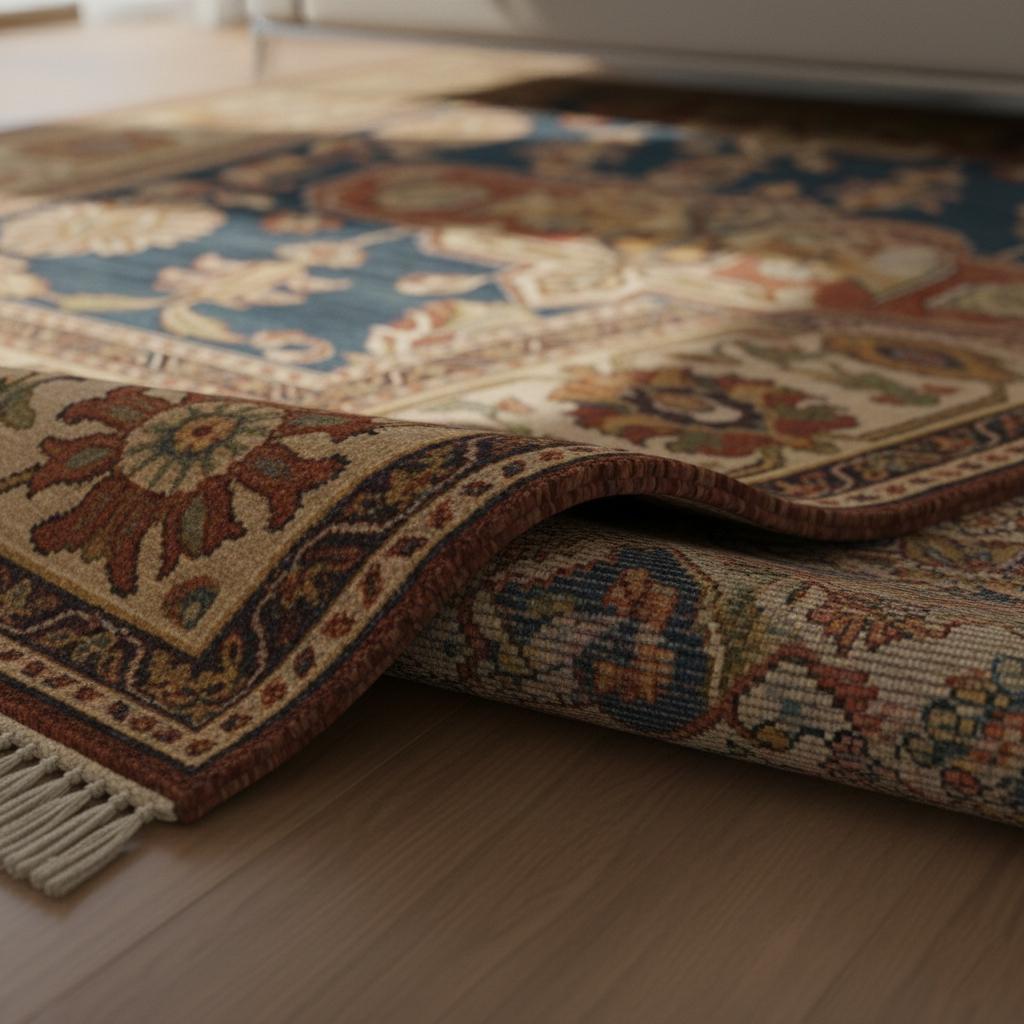 Navy Blue Traditional Medallion Wool Rug, Floral Oriental Carpet, Ivory Border