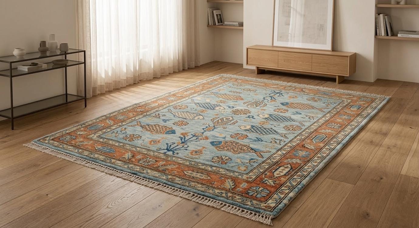 Hand-Knotted Wool Fish Rug, Blue Rustic Coastal Farmhouse Carpet