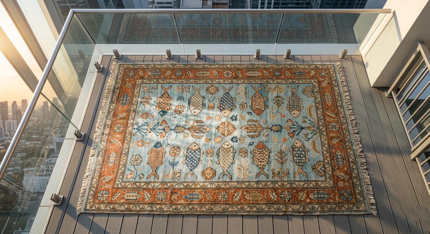 Hand-Knotted Wool Fish Rug, Blue Rustic Coastal Farmhouse Carpet