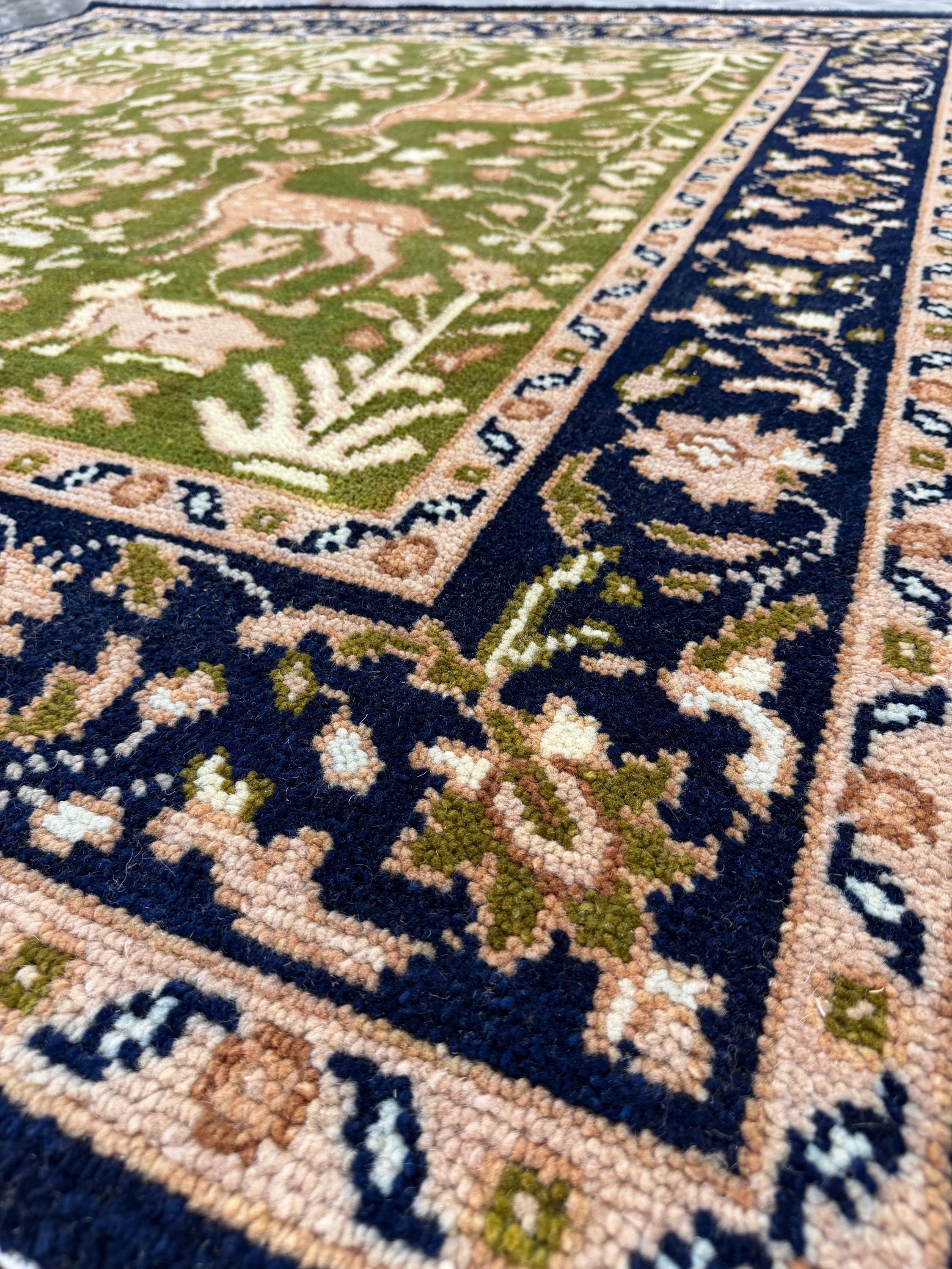 Handmade Green Persian Wool Rug, Navy Floral Border Carpet (6x6ft)