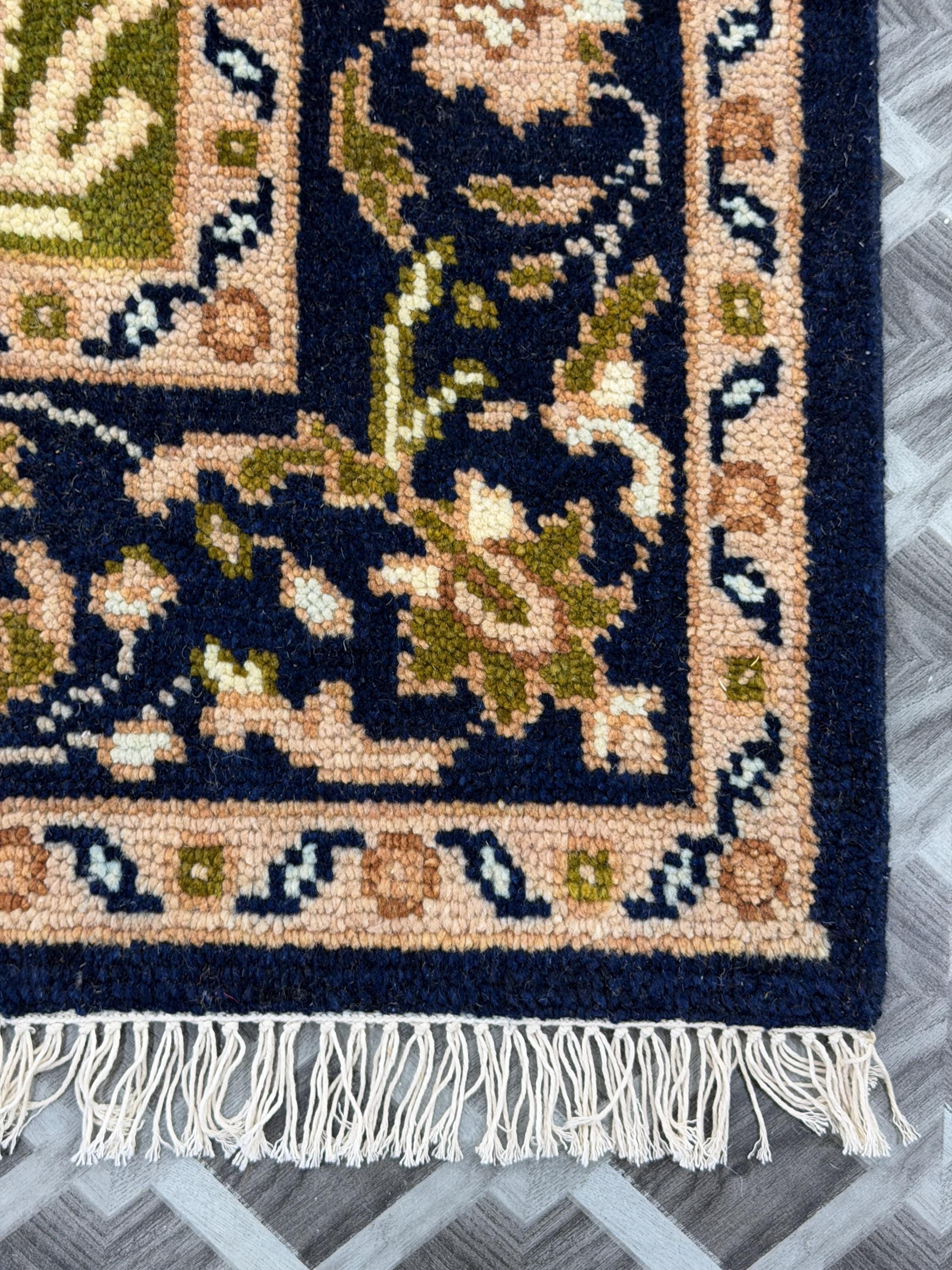 Handmade Green Persian Wool Rug, Navy Floral Border Carpet (6x6ft)