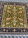 Handmade Green Persian Wool Rug, Navy Floral Border Carpet (6x6ft)