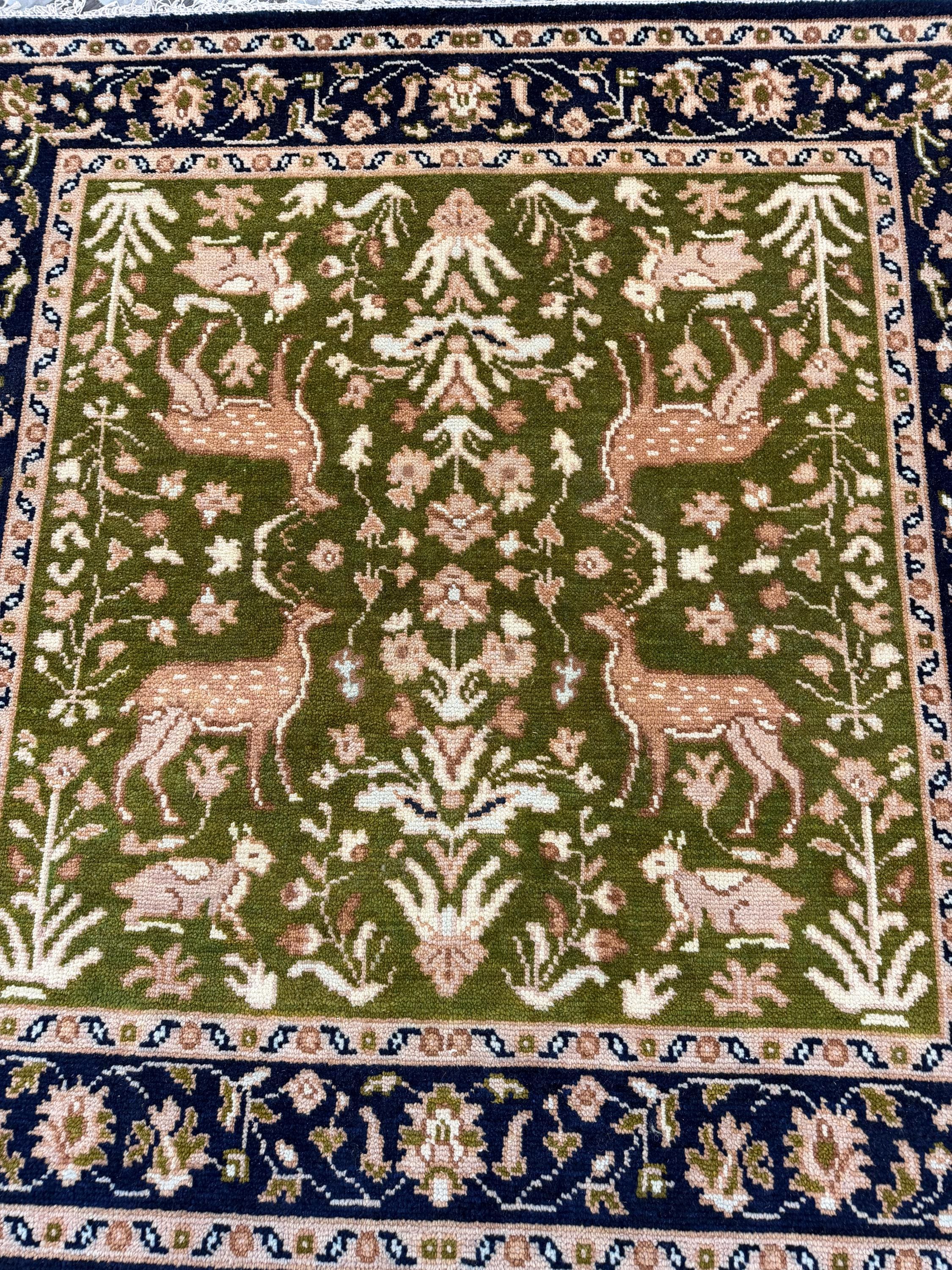 Handmade Green Persian Wool Rug, Navy Floral Border Carpet (6x6ft)