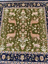 Handmade Green Persian Wool Rug, Navy Floral Border Carpet (6x6ft)