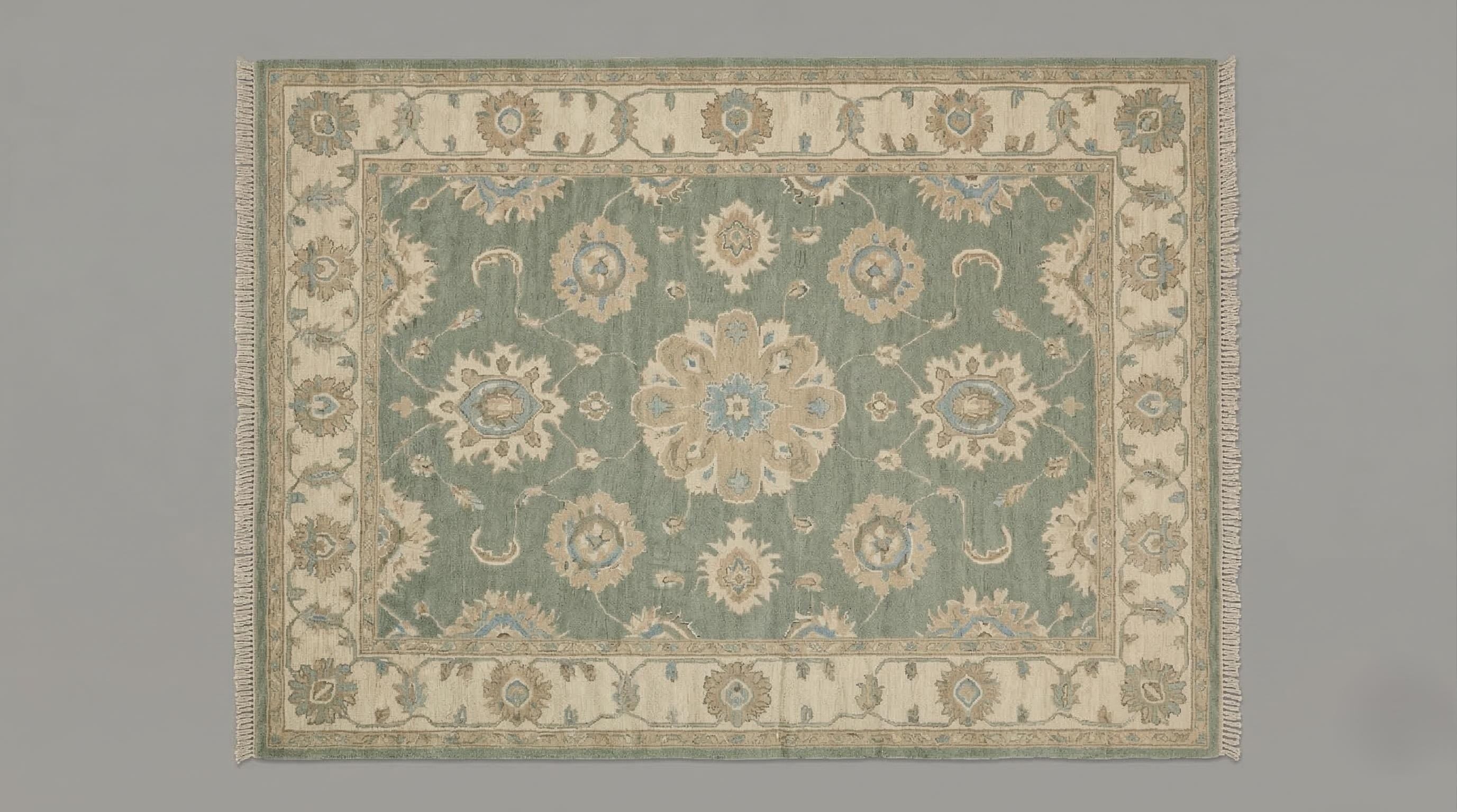 Handmade Green Oushak Wool Rug, Vintage Turkish Style Area Rug