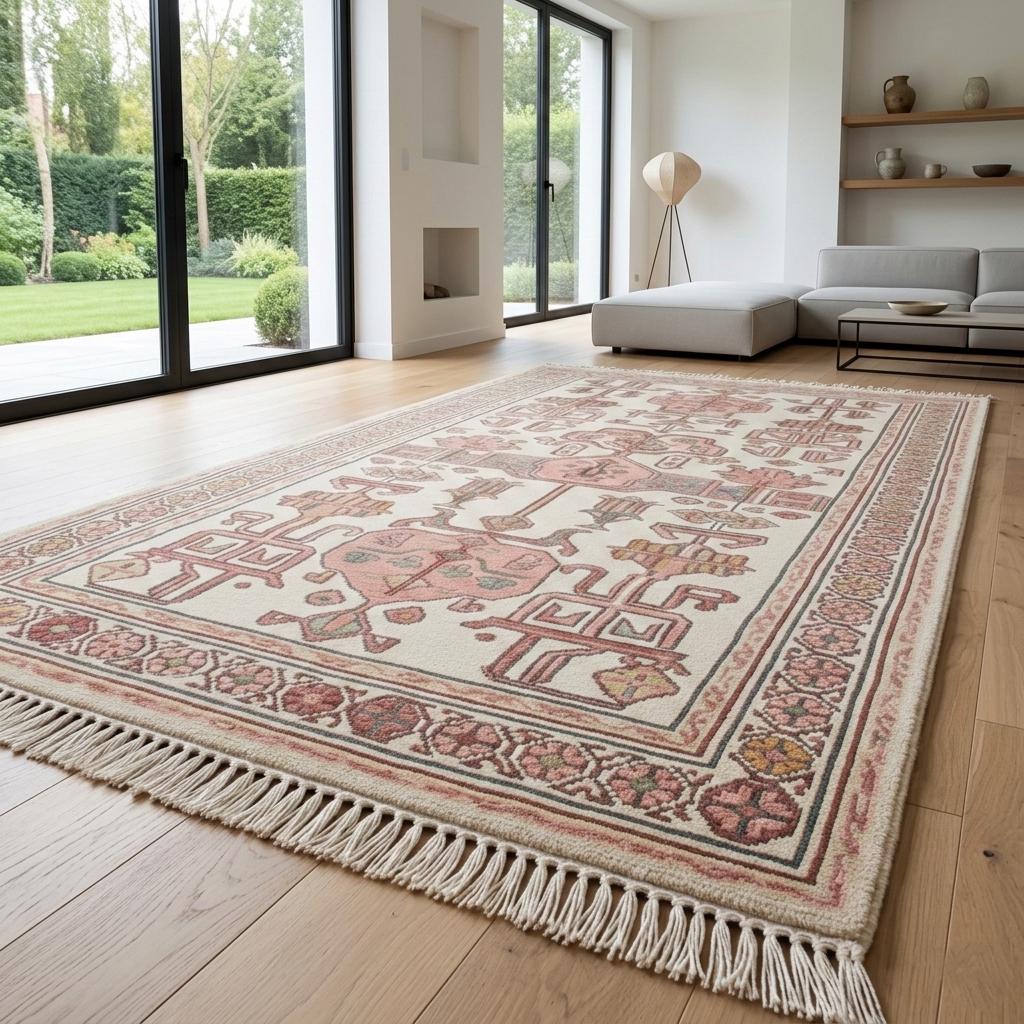 Handmade Knotted Wool Runner Rug, Blush Pink Geometric Oushak Carpet