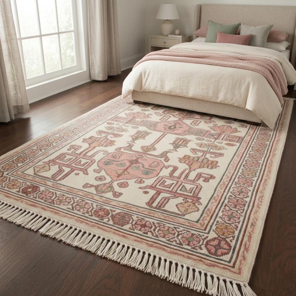 Handmade Knotted Wool Runner Rug, Blush Pink Geometric Oushak Carpet