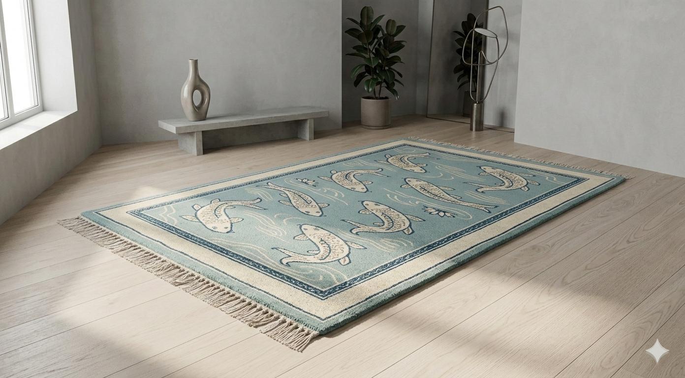 Handmade Koi Fish Runner Rug, Coastal Blue Nautical Carpet, Beach House Decor