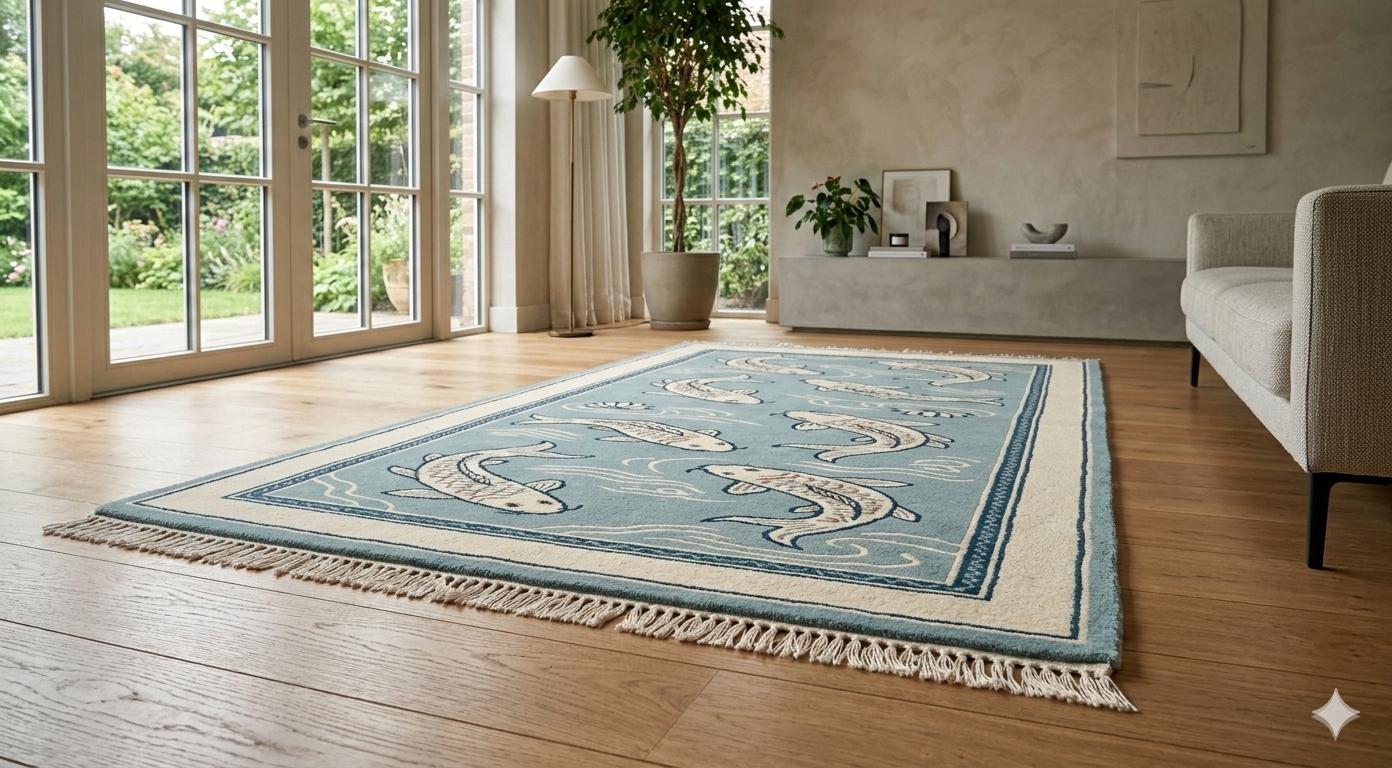 Handmade Koi Fish Runner Rug, Coastal Blue Nautical Carpet, Beach House Decor