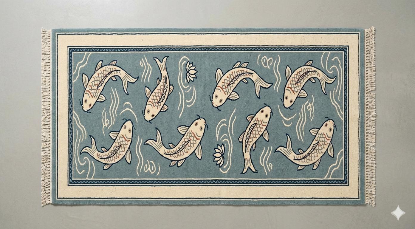 Handmade Koi Fish Runner Rug, Coastal Blue Nautical Carpet, Beach House Decor